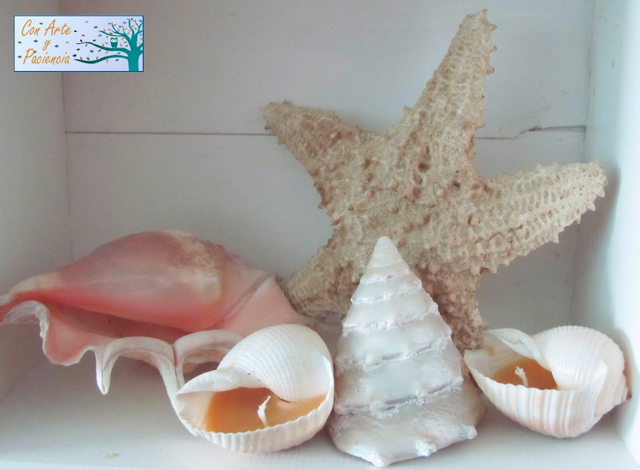 blanco,turquesa,cuadro,decoración,conchas,caracolas,velas,parafina,cera,