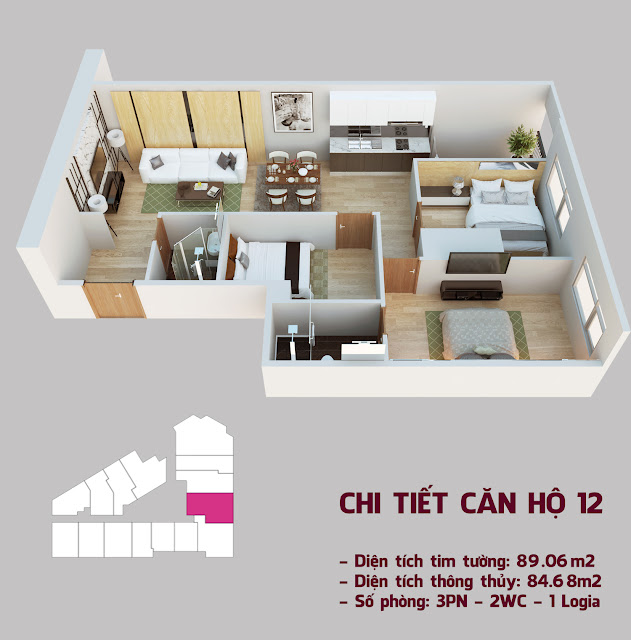 Phối cảnh thiết kế tổng thể căn hộ số 12 chung cư tháp doanh nhân