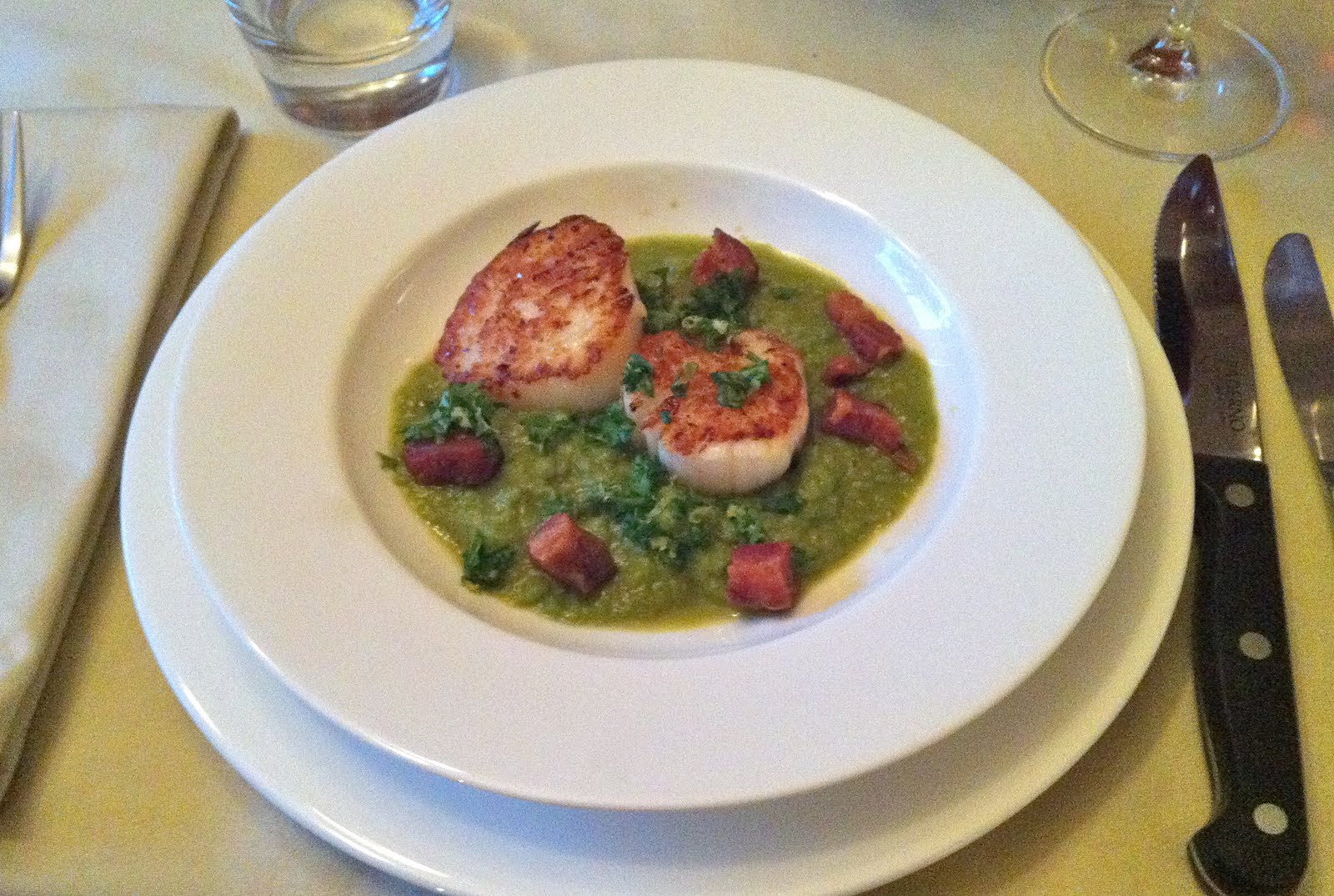 Equal Opportunity Kitchen Scallops with Pea Puree, Pancetta and Gremolata