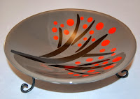 Gray, red & black fused glass bowl