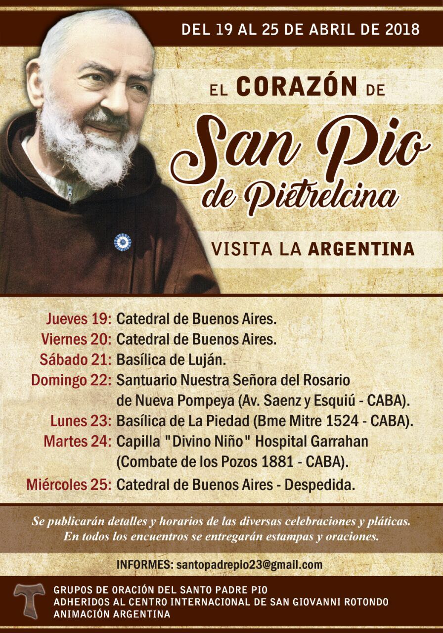 Reliquia del corazón de San Pío de Pietrelcina llegará a Argentina