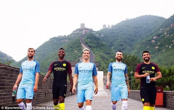 1 Kelechi Iheanacho, Sergio Aguero and Man city players visit Great Wall of China to show off new jerseys (photos)