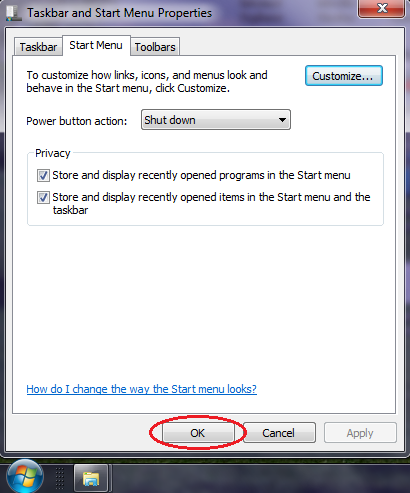 Gambar 6 - Klik OK Jika Anda tidak ingin melanjutkan perubahan/personalisasi untuk Taskbar atau Toolbars. Cara Mengubah Ukuran Icon Menu Start Windows 7