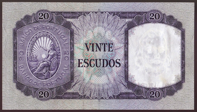 Portugal money currency 20 Escudos banknote 1960 original seal of Banco de Portugal