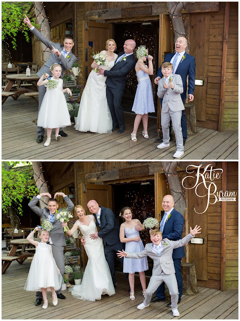 fun group shot, fun wedding party photograph, alnwick treehouse wedding, alnwick treehouse, katie byram photography, alnwick gardens wedding, northumberland wedding venue, relaxed wedding photography, quirky wedding photographer