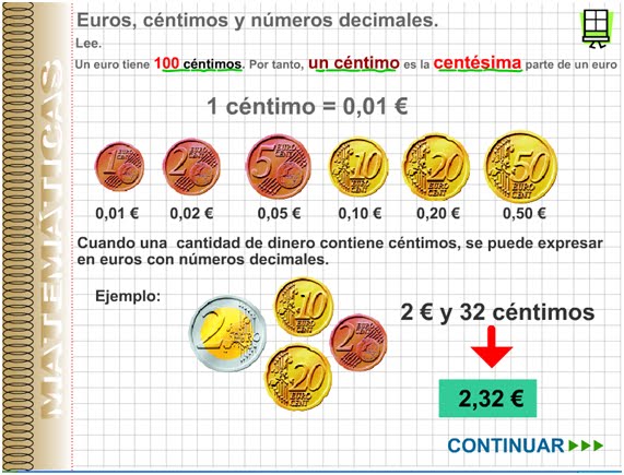 Ejercicio muy sencillo para recordar los euros,los céntimos y los nº decimales.