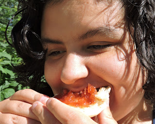 #canitforward - Eating a muffin with strawberry-rhubarb jam