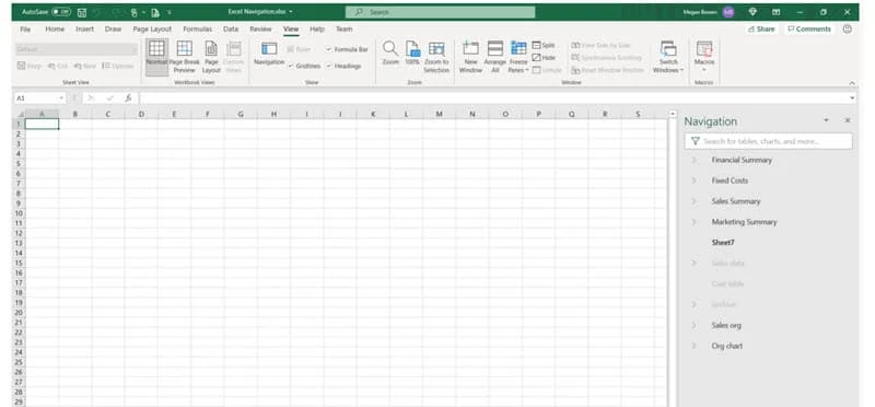 Screenshot showing Navigation pane in Excel