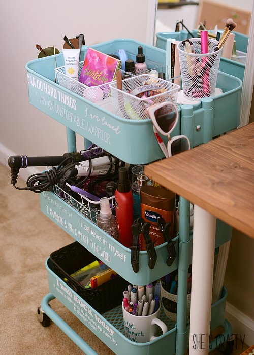 blue rolling cart, teen room organization with daily affirmations