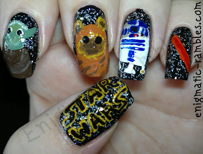 star-wars-inspired-nail-nails-art-yoda-r2d2-lightsaber-wookie-freehand