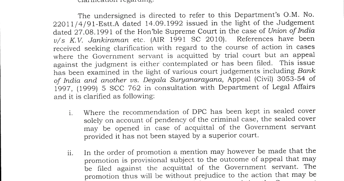 Instructions on sealed cover procedure where Government servant has