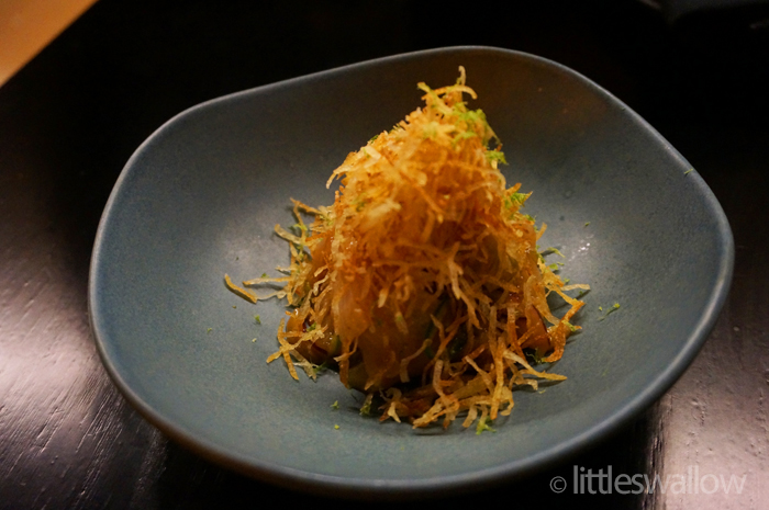 Sokyo: Kingfish Miso Ceviche - green chilli, crispy potato, miso ceviche