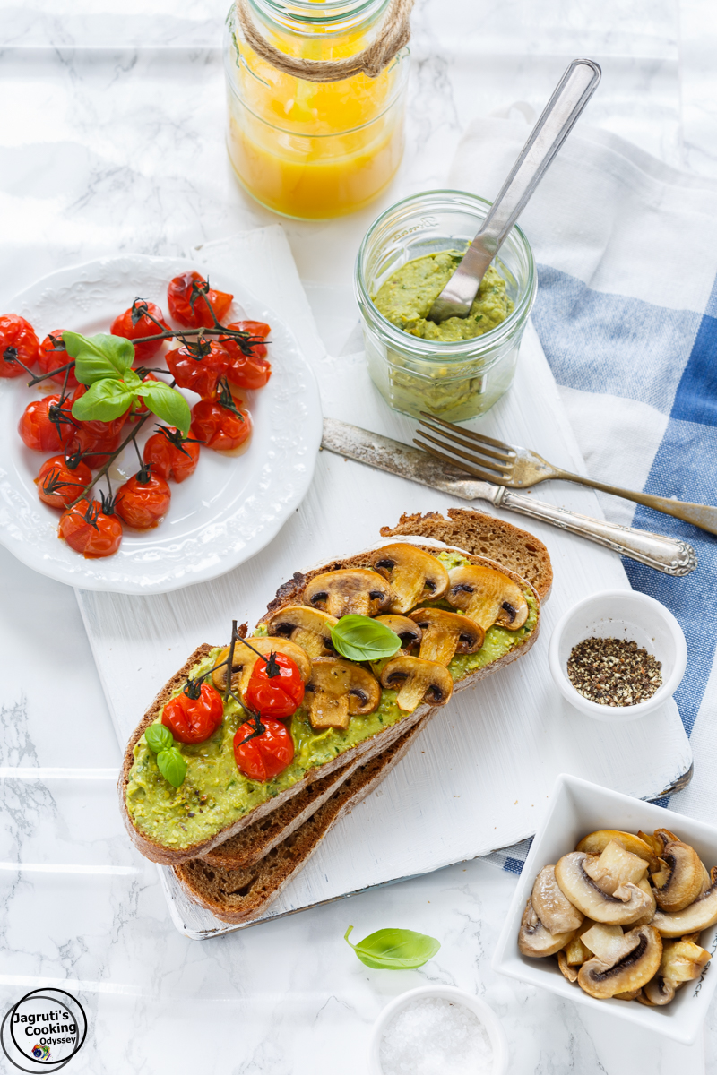 Pistachio, Avocado Butter toast with roasted Mushroom and Tomato