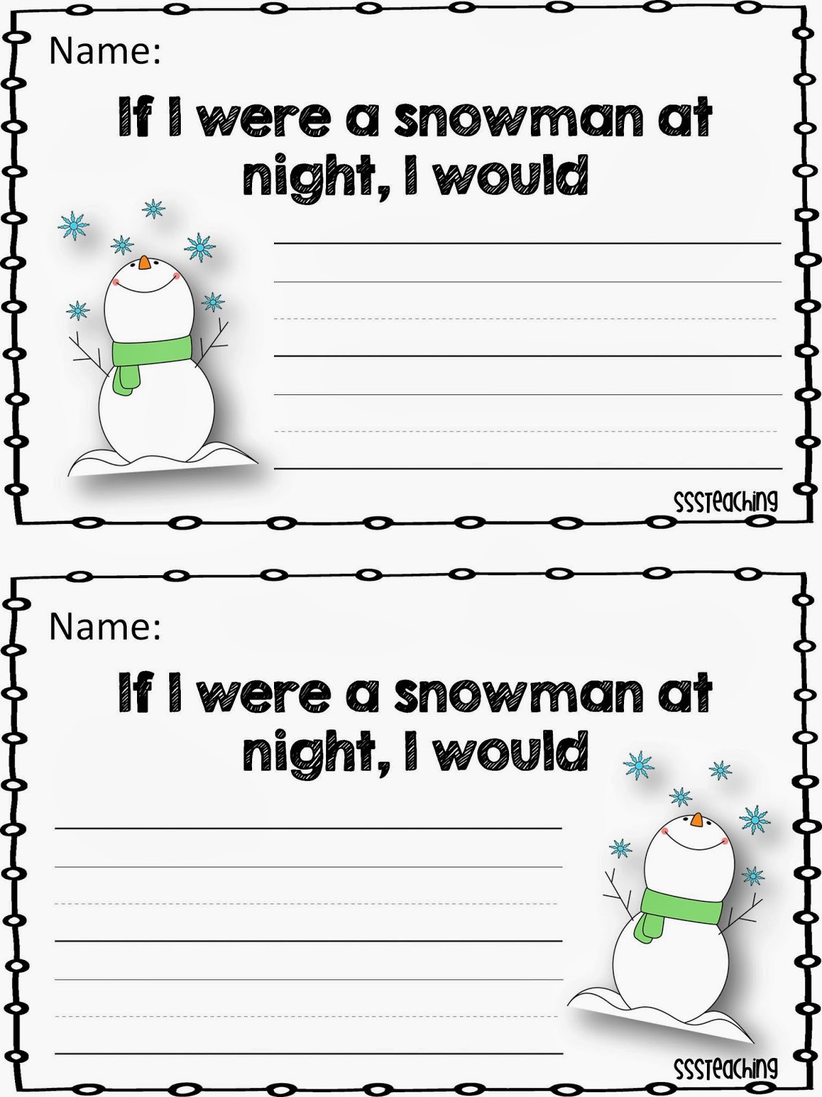 Snowmen at night writing activity for middle school