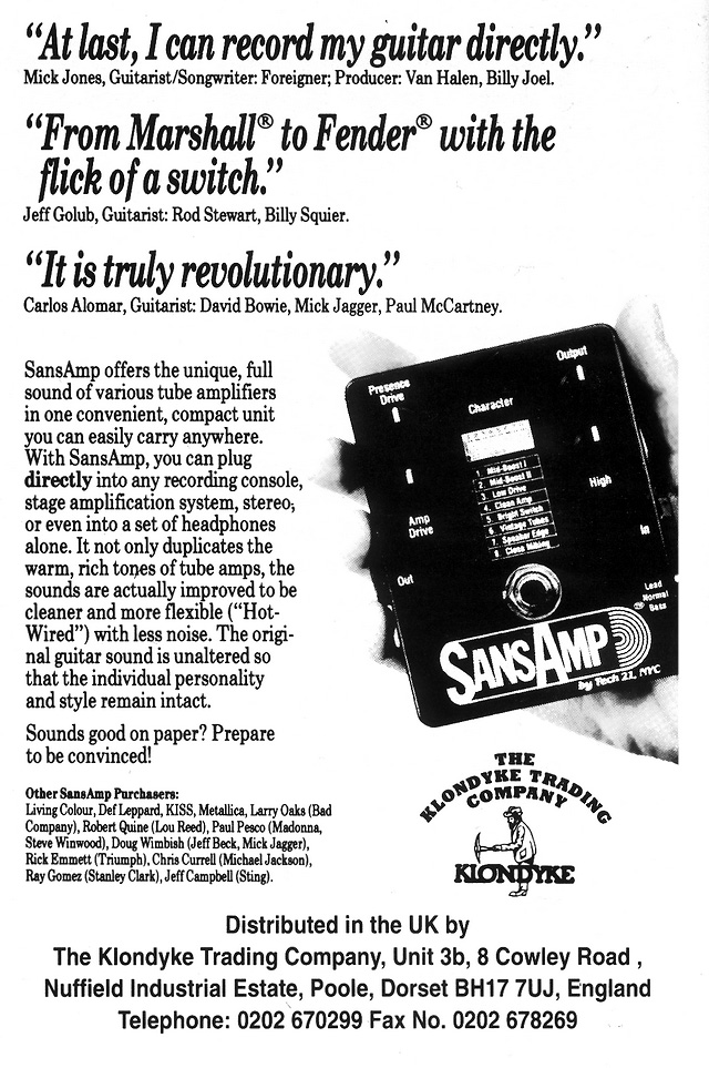 Sansamp advert as seen in a 1991 magazine