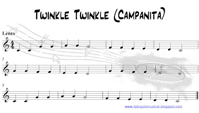 Partitura para flauta dulce Twinkle Twinkle Campanita. La Brújula Musical.Recorder sheet music