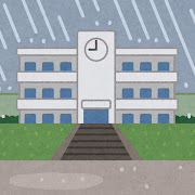 雨が降る学校の建物のイラスト（背景素材）