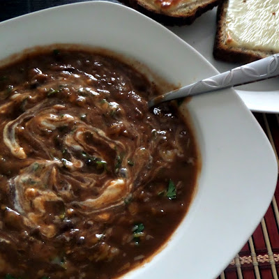 Black Bean Soup:  A creamy, flavorful, and meatless soup made with black beans and spices.  Filling enough for an entree.