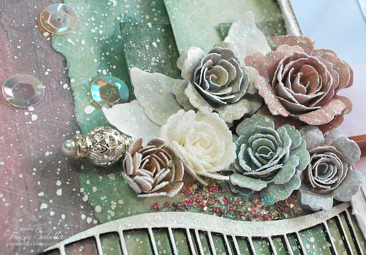 Mixed Media Layout by Tracey Sabella for Donna Salazar - Love; Wedding; Faith; Handcrafted Flowers
