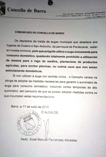 Amenaza do novo goberno do Concello de Barro con cortes de agua a todos los vecinos de Outeiro y San Antoniño