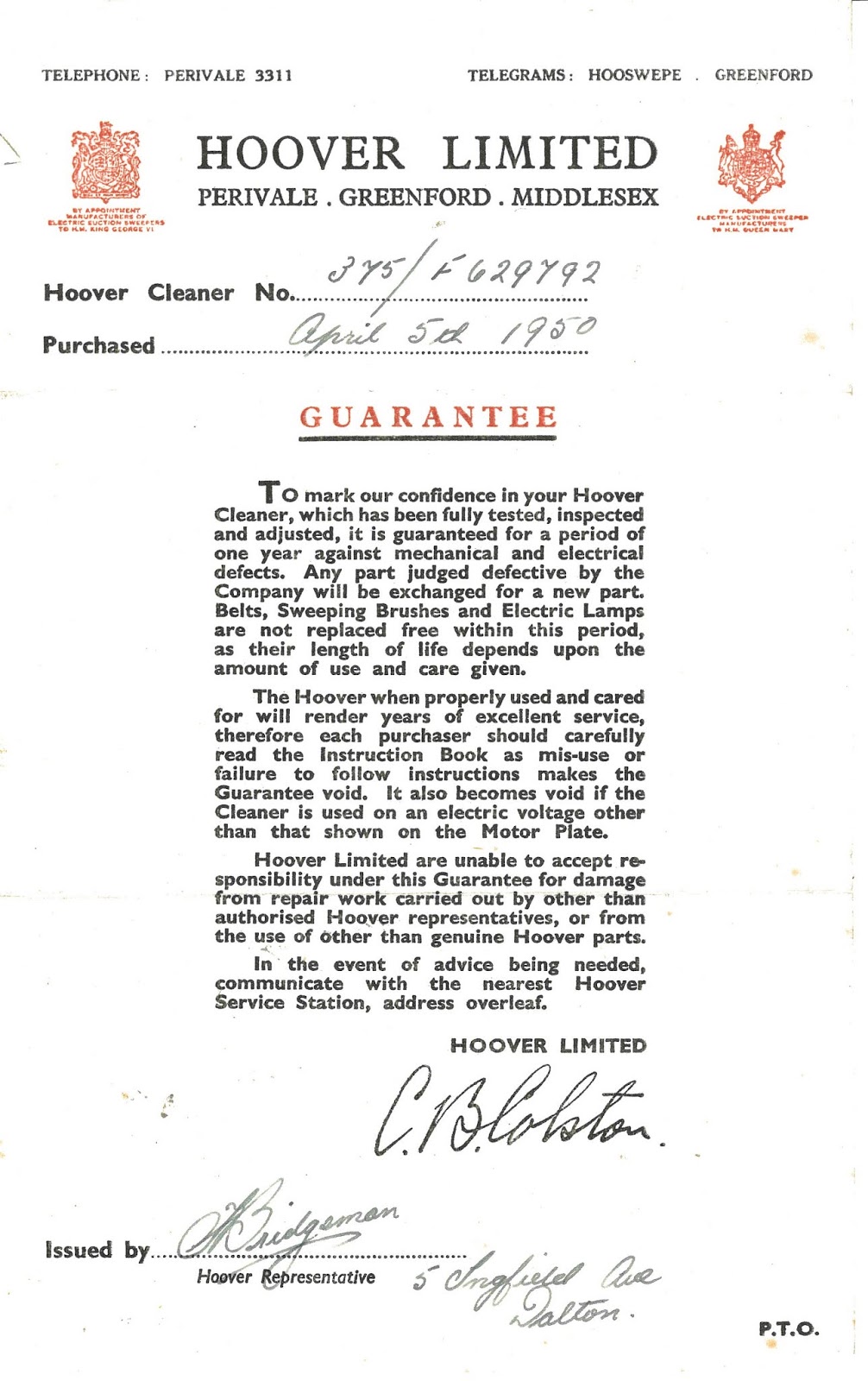 Various 1960's Hoover Guarantee Slips!