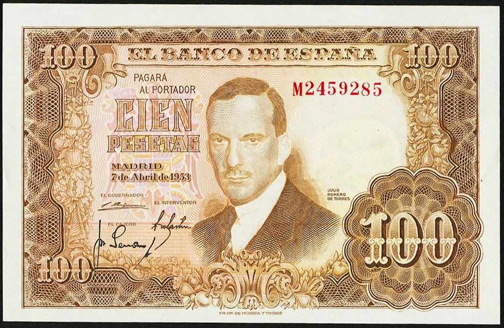 Spain Banknotes 100 Pesetas banknote 1953 Spanish painter Julio Romero de Torres