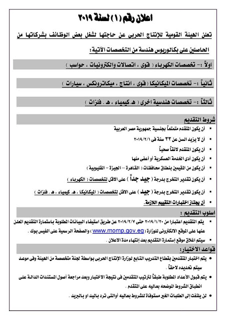  استمارة التقديم لإعلان وظائف الهيئة القومية للإنتاج الحربى رقم 1 لسنة 2019