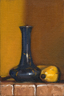 Oil painting of a small blue garlic-head vase beside a banana.