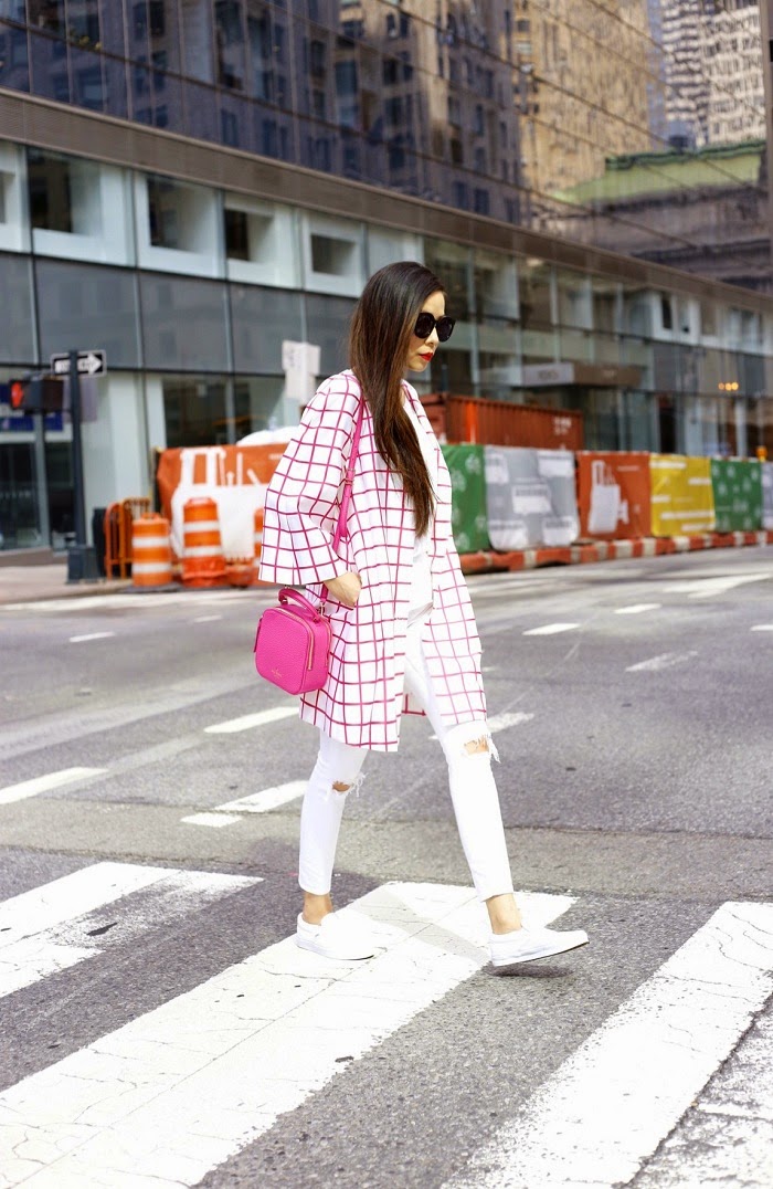 Silk nyc pink windowpane coat, hot pink outfit, hot pink bag, kate spade ny bag, white tee outfit, white jeans outfit, vans slip on, street style, nyc, fashion blog, Karen walker super duper sunglasses,memorial day sale