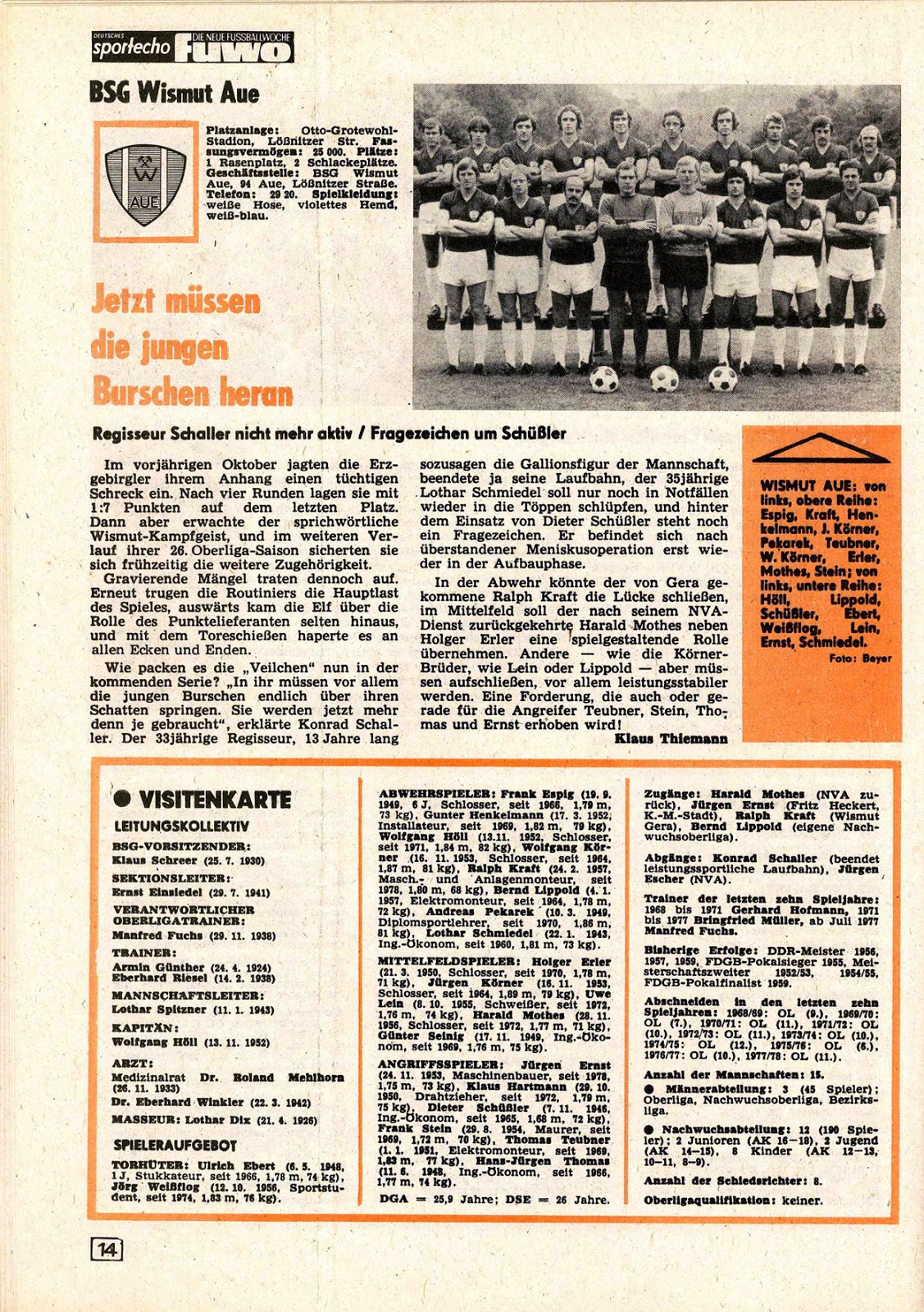 DDR OBERLIGA 197879. Les équipes du championnat.