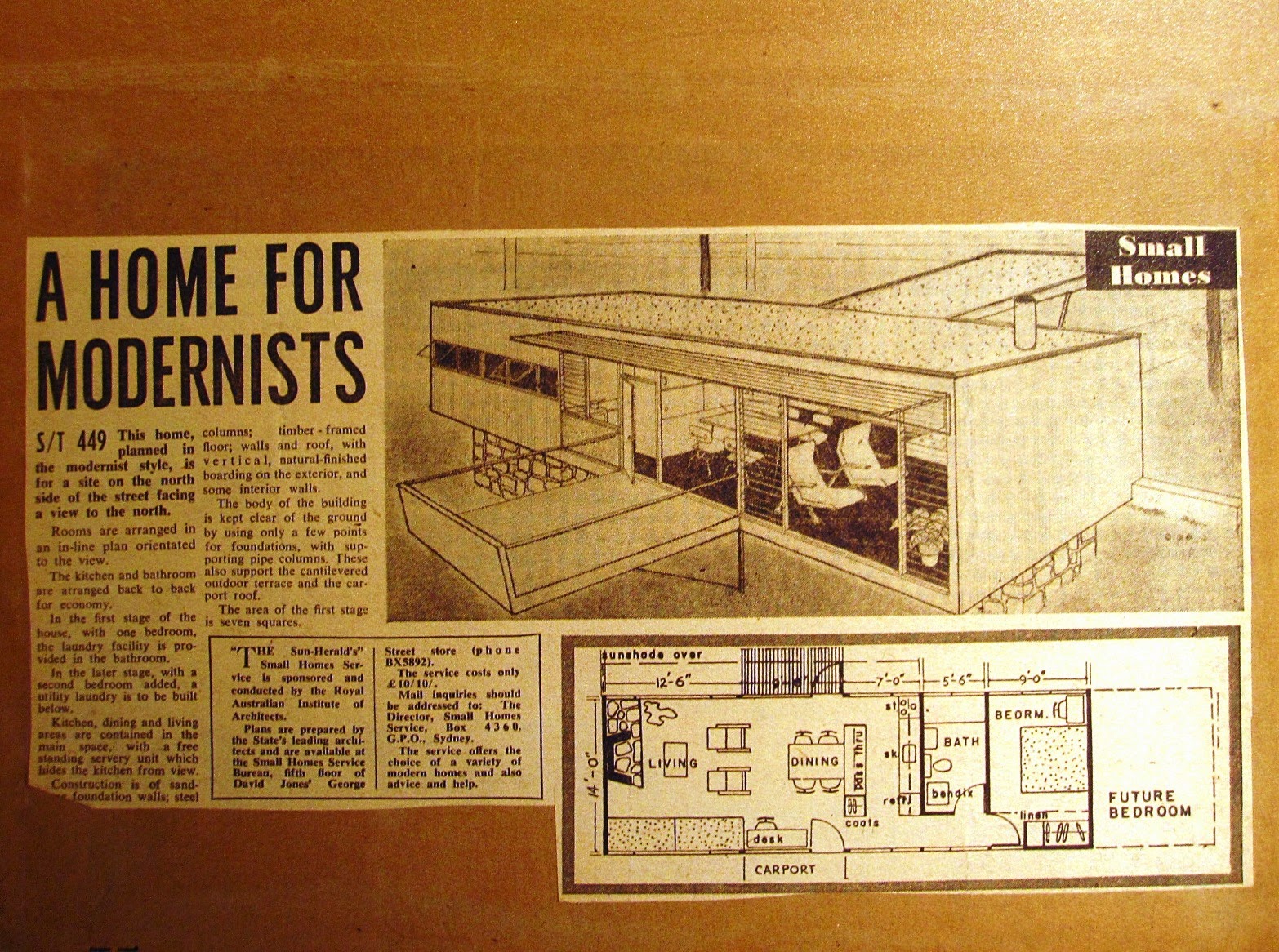 Newspaper plans for a modernist house in the exhibition 'Dream Home Small Home'.