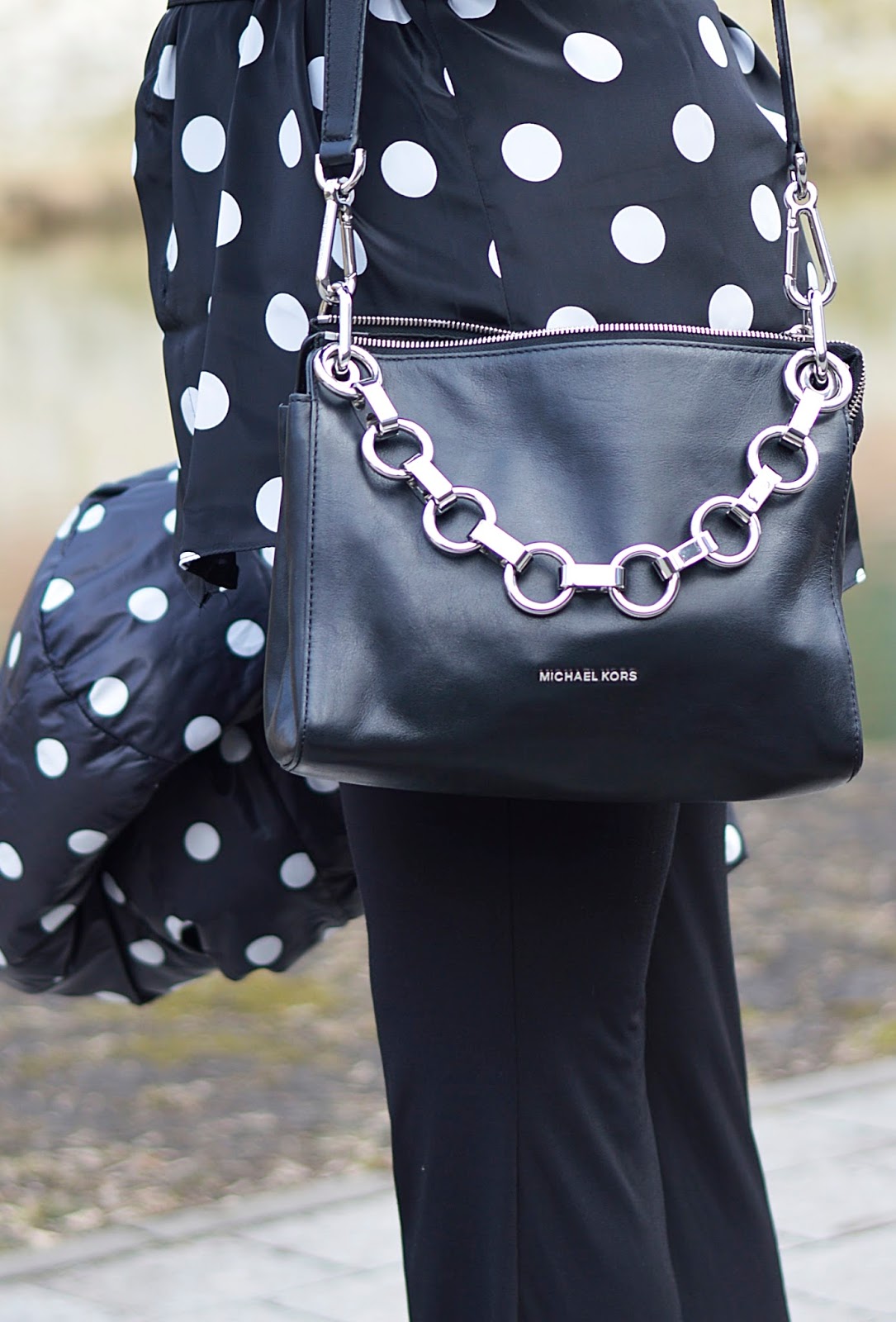 Michael Kors bag, polka dots, black and white style
