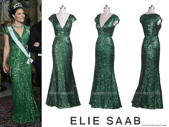 Crown Princess Victoria wore Elie Saab V Neck Sequined Cap Sleeved Beaded Gown