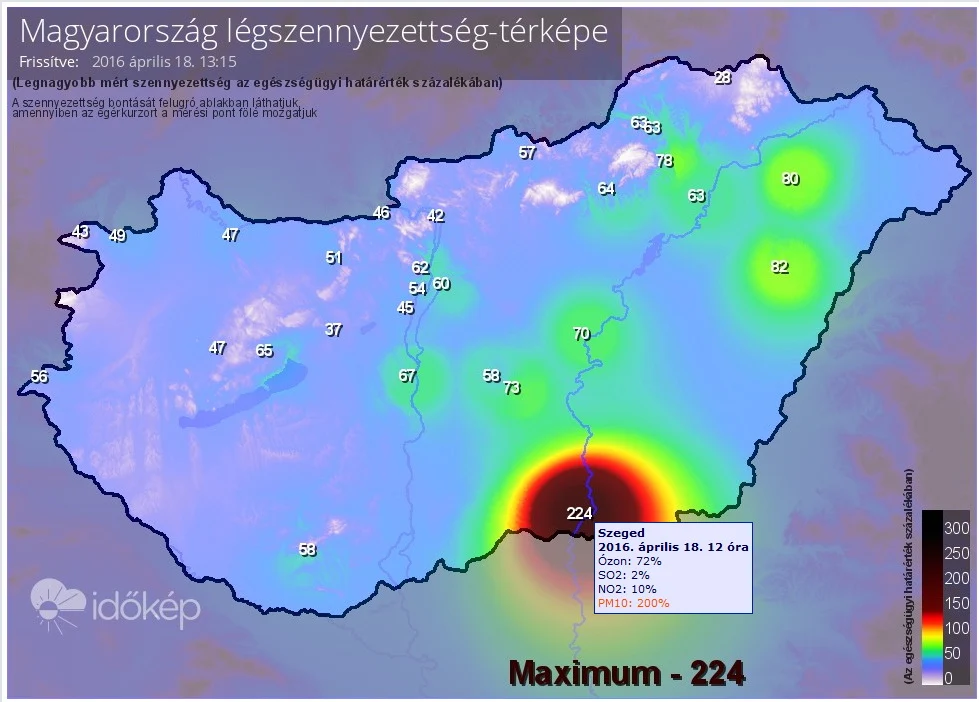 Air pollution map of Hungary as % of legal limits