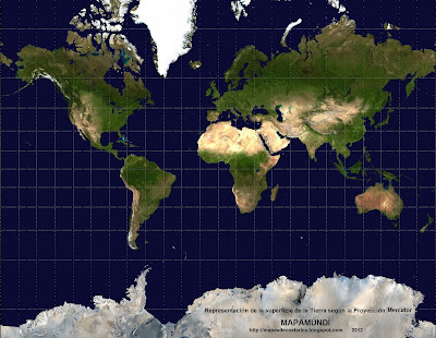 1. Representacion de la superficie de la Tierra segun la Proyección Mercator , wikipedia, mapa grande 2048 X 1588 px 