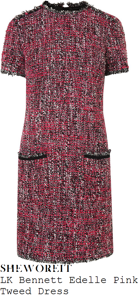 lorraine-kelly-lk-bennett-edelle-rosehip-pink-black-and-white-short-sleeve-contrast-pocket-trim-detail-frayed-edge-textured-tweed-shift-dress