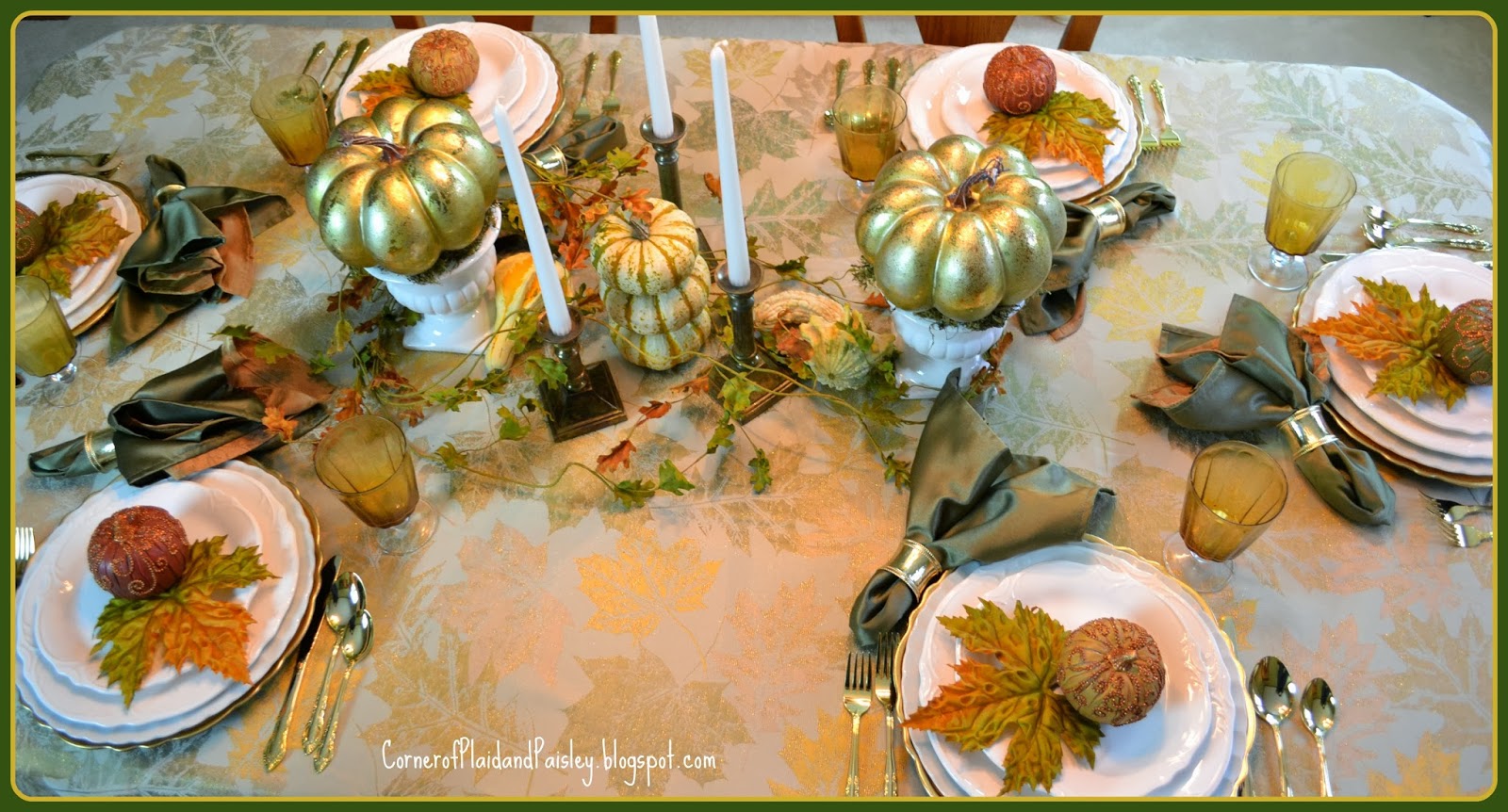 Corner of Plaid and Paisley: White and Gold Fall Tablescape