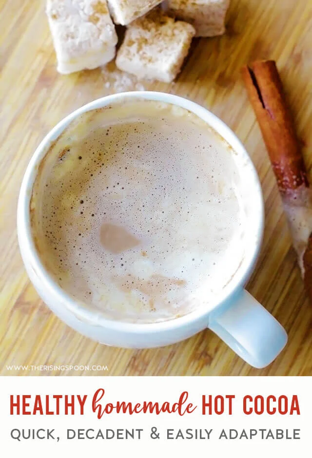 A quick & easy recipe for a healthy homemade hot chocolate you can fix on the stovetop in minutes. Ditch the store-bought packets with iffy ingredients and make the best cozy, decadent mug of hot cocoa for yourself or a crowd that will warm your insides and make your belly happy! Bonus: This is easily adaptable if you want to make it dairy-free, paleo or vegan.