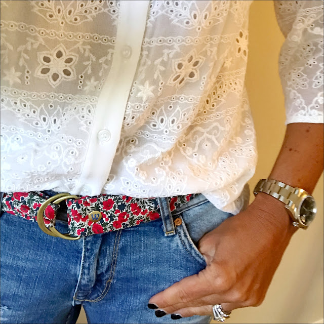 My Midlife fashion, somerset by alice temperley lace detail blouse, zara distressed cigarette jeans, tan ruffle detail sandals, witney fabric belts, witney ripley fabric belt, liberty print fabric