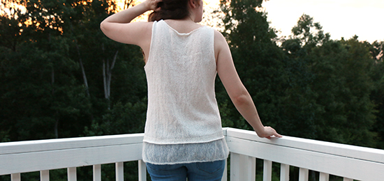 Back View of White Sleeveless Cotton Top Knit using the Mirage Pattern