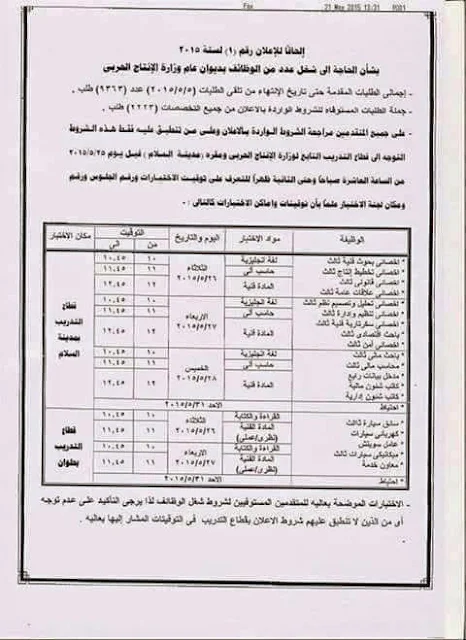 اعلانات وظائف وزارة الانتاج الحربى خلال شهر مايو 2015 شاهد التفاصيل