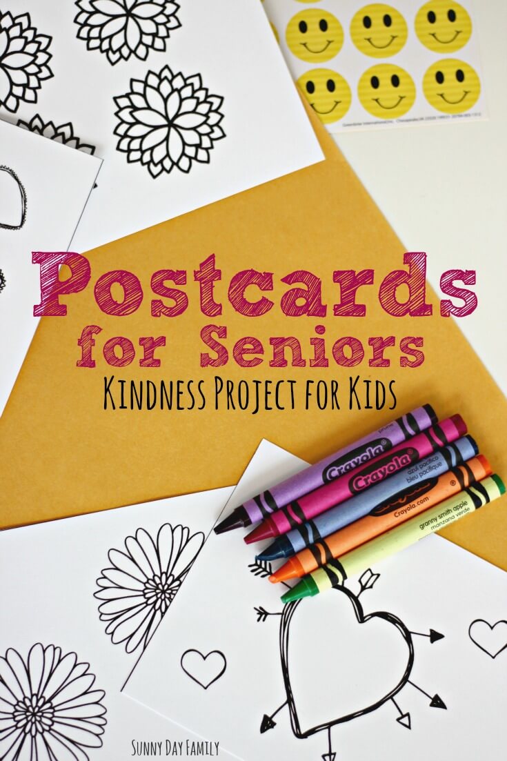 Make and mail postcards to seniors - a wonderful kindness project for kids! Use the free printable cards to color and decorate your own postcards to send to seniors.