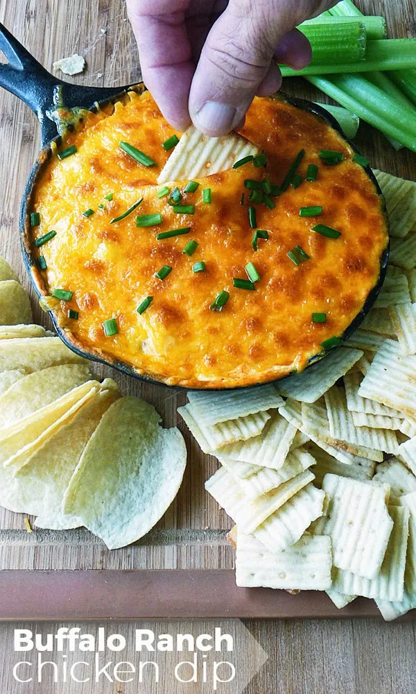 Buffalo Ranch Chicken Dip with chips is one of our favorite dip recipes with cream cheese