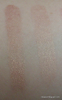 Swatches of e.l.f. Baked Eyeshadow in Enchanted  after wear test (left to right): e.l.f. Lock and Seal vs. water