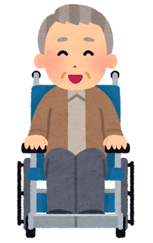 車椅子に乗ったお爺さんの表情イラスト（笑った顔）
