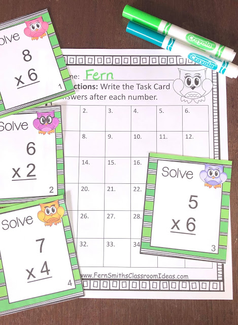 Single Digit Multiplication Task Cards, Answer Key and Recording Sheet with an Adorable Owl Theme at Fern Smith's Classroom Ideas TeacherspayTeachers store, perfect for your spring testing review.