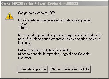 código de asistencia 1682 en impresoras canon