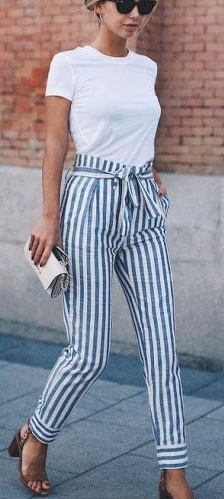 how to style a pair of striped pants : white top + bag + sandals