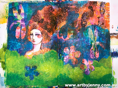 Art by Jenny James, mixed media collage of girl with a dragonfly using Jane Davenport printed napkins
