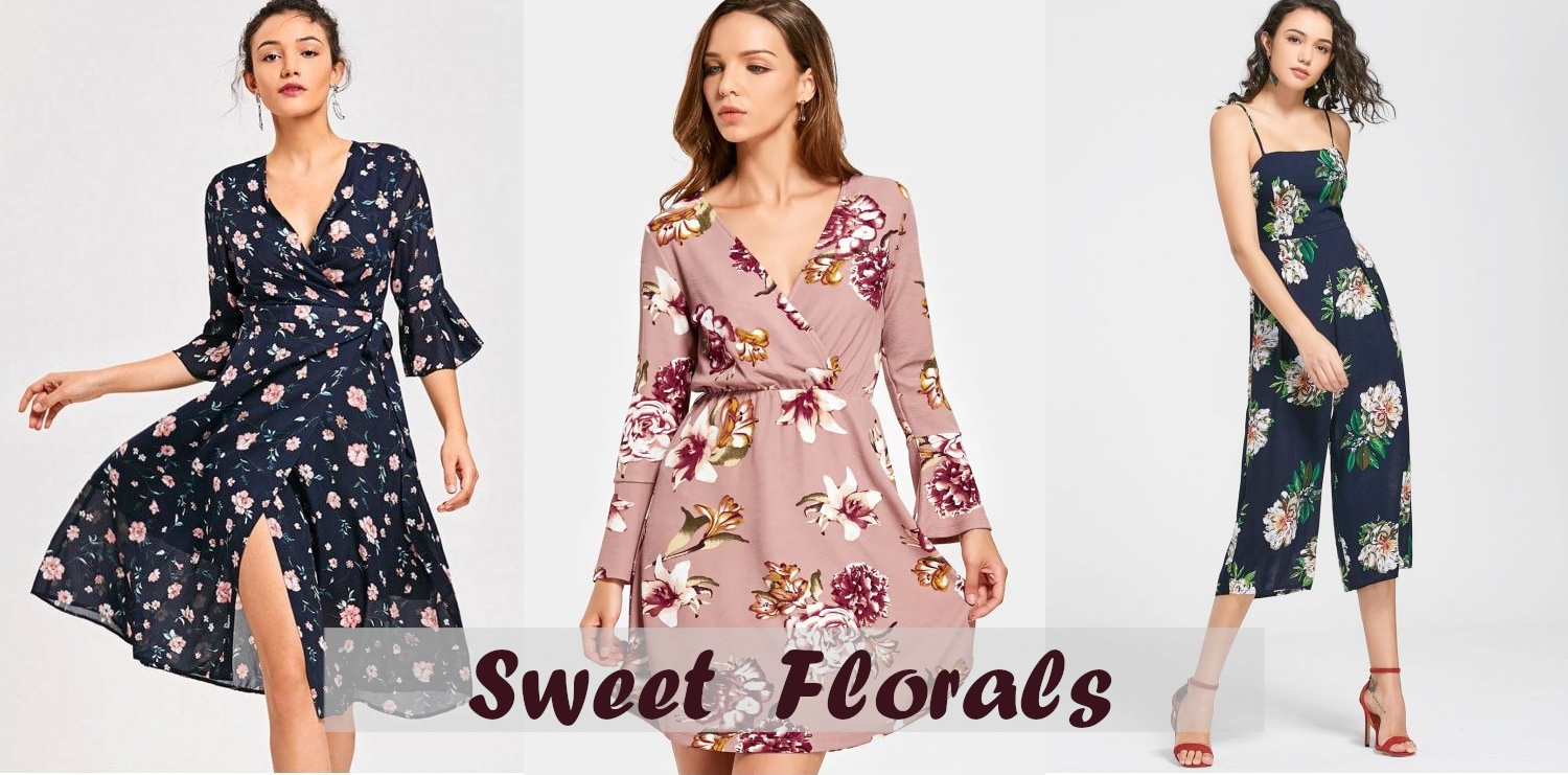 fashion collage with three casual summer dresses with floral prints